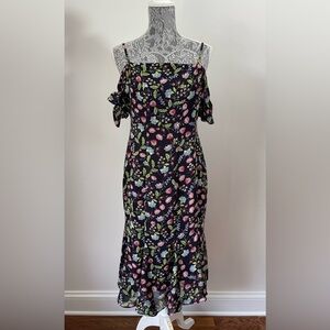 Nanette Lepore Black Floral Midi Ruffle Dress with Tie Sleeves